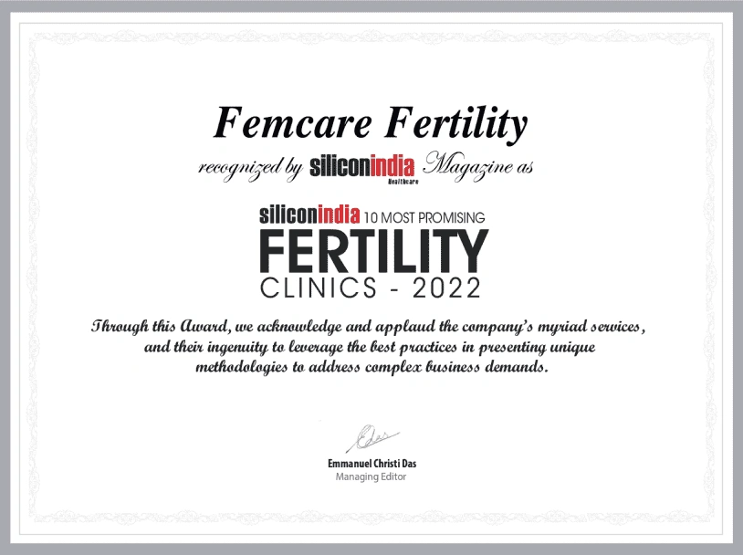 Certificate of Most promising fertility center - femcare fertility by Silicon India