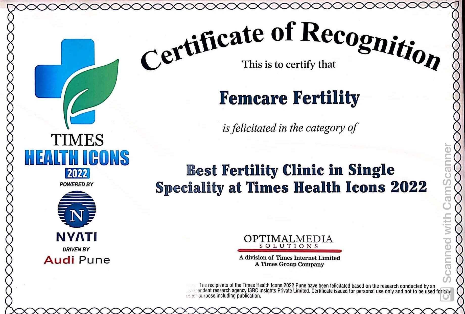 Times health icon certificate of Best Fertility Center won by Femcare Fertility